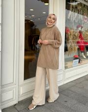 halka örme triko kazak camel