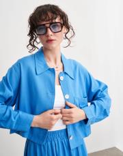 plane keten crop ceket mavi 3