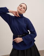 düşük omuz balıkçı yaka triko kazak saks