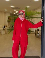 carla üç iplik cep detaylı hırka kırmızı