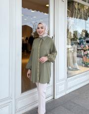 begonıa pamuk keten nakışlı gömlek haki