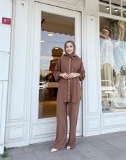 begonıa pamuk keten nakışlı gömlek kahve 2