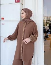 begonıa pamuk keten nakışlı gömlek kahve 3