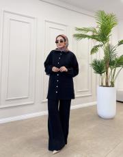 farah cep detay keten gömlek siyah