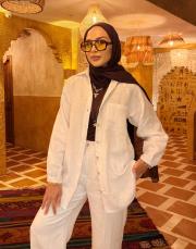 farah cep detay keten gömlek beyaz