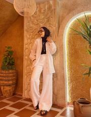 farah nervürlü keten bol paça pantolon beyaz