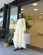 fular detaylı kat kat etekli takım sarı 2