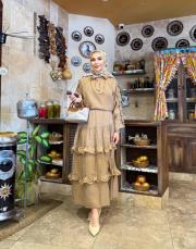 fular detaylı kat kat etekli takım vizon 2