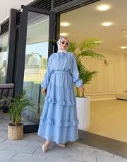 fular detaylı kat kat etekli takım mavi