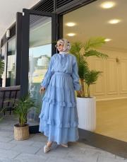 fular detaylı kat kat etekli takım mavi 2