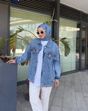 düğme detay kot ceket mavi 2