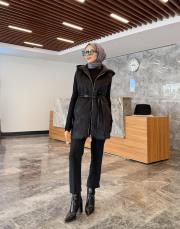 deri kemerli kürk yelek siyah 2