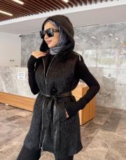 deri kemerli kürk yelek siyah 3