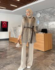 deri kemerli kürk yelek kahve