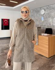 deri kemerli kürk yelek kahve 5