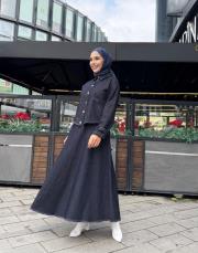 çizgi detay denim etekli takım lacivert