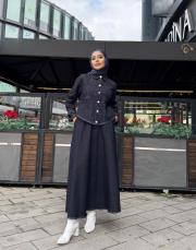 çizgi detay denim etekli takım lacivert 2