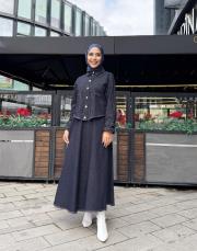 çizgi detay denim etekli takım lacivert 4