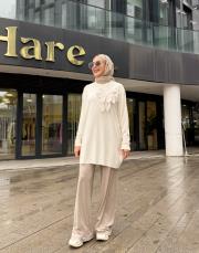 çiçekli triko tunik ekru