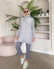 çiçekli triko tunik gri