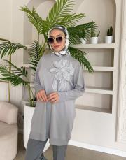 çiçekli triko tunik gri 2