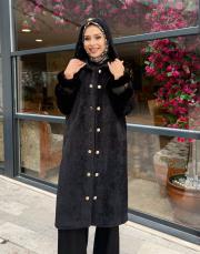 kapüşonlu kürk kaban siyah 2