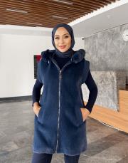 ribana detay kürk yelek lacivert