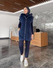 ribana detay kürk yelek lacivert 5