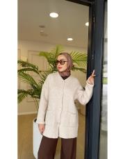 düğmeli cepli triko hırka bej 4