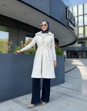 deri cep detay angora yelek ekru