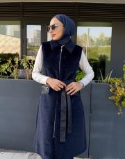 deri cep detay angora yelek lacivert 4