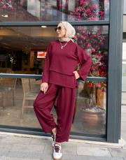 luvina asimetrik şalvar takım bordo 2