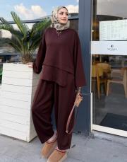 luvina asimetrik şalvar takım kahve