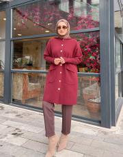 kol detay çıtçıtlı kapüşonlu hırka bordo