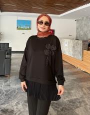 yaka çiçekli pliseli bol paça takım siyah 3