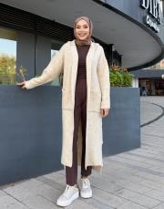 kapüşonlu triko hırka bej