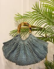 ahşap saplı hasır el örgü çanta yeşil