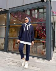 çift renk kapüşonlu sweatshırt lacivert