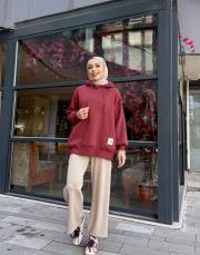 etiket detay kapüşonlu sweat bordo