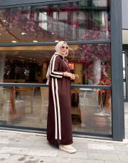 şerit detay basic elbise kahve